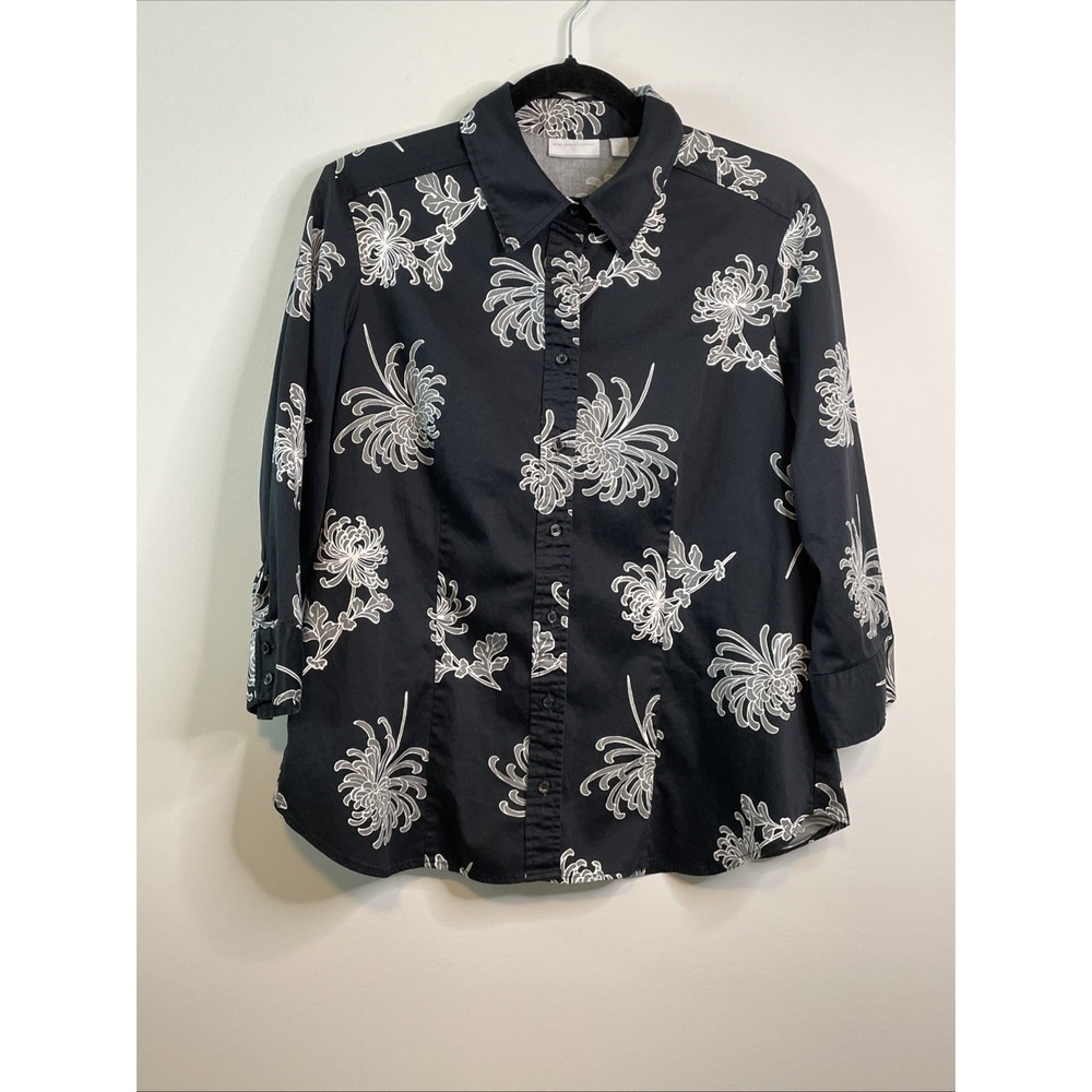 New York & Company XL Black White Floral Button Front Blouse Womens